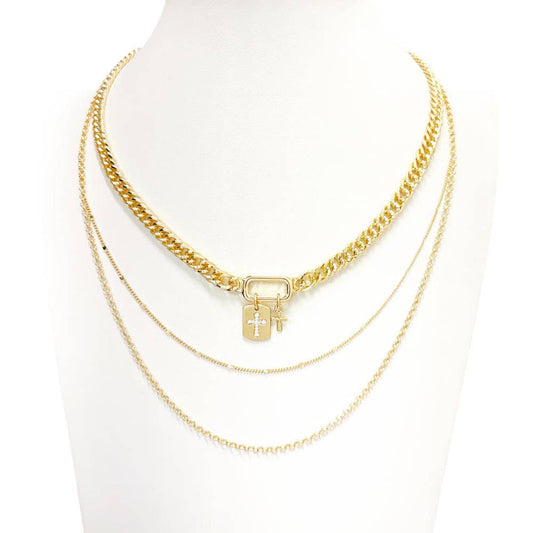 Triple Layered Gold Chain with Cross Charms 16"-19" Necklace