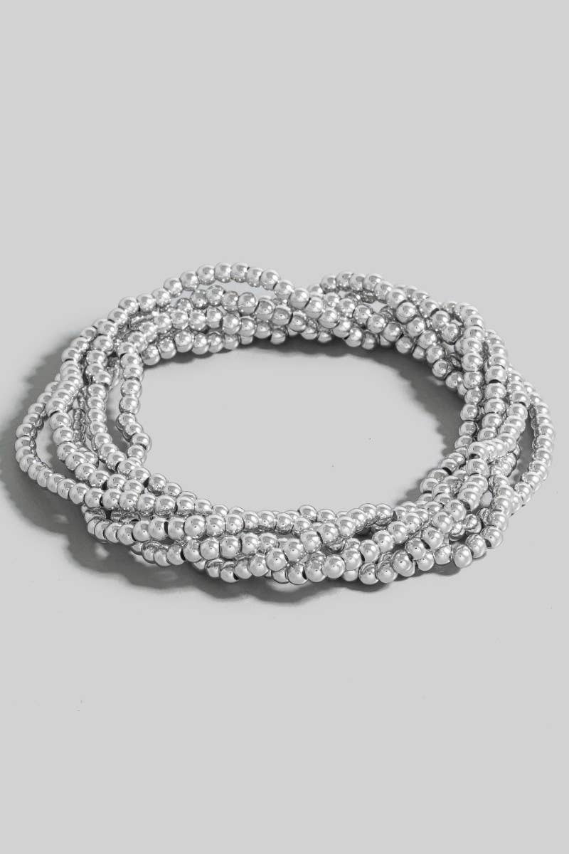 5Pc Mini Metallic Beaded Bracelet Set Silver