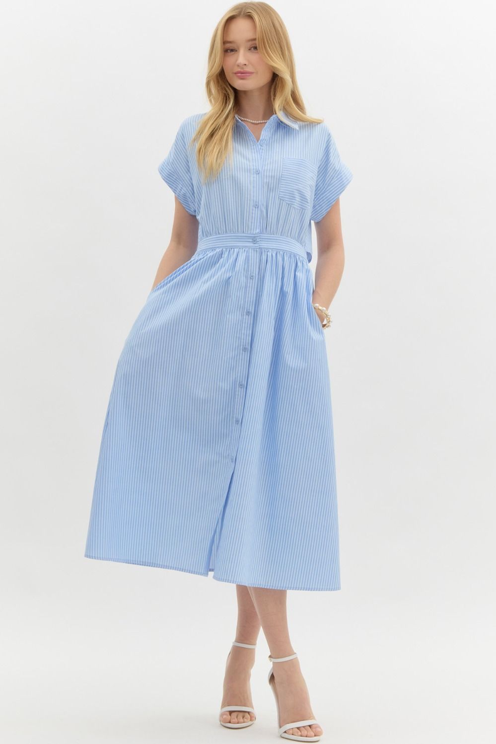 Blue/White Striped button up Midi Dress