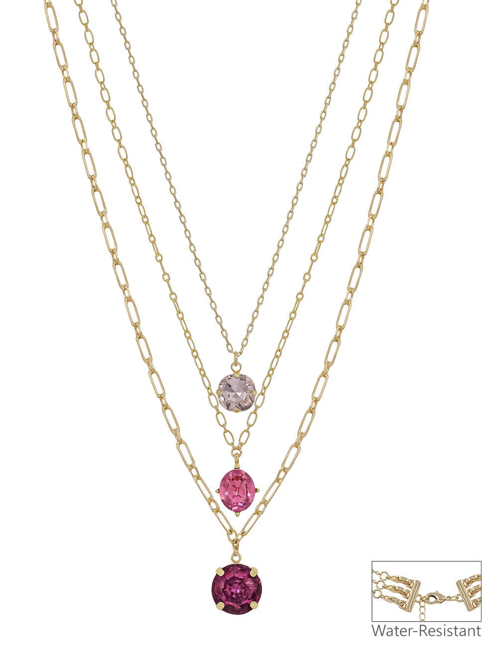 Water Resistant Gold Triple Layered Multi Way Pink Crystal Drop 16"-18" Necklace
