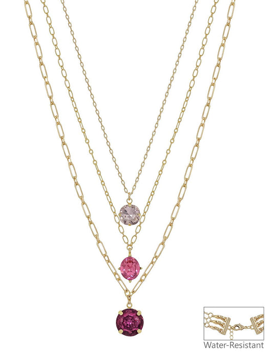 Water Resistant Gold Triple Layered Multi Way Pink Crystal Drop 16"-18" Necklace