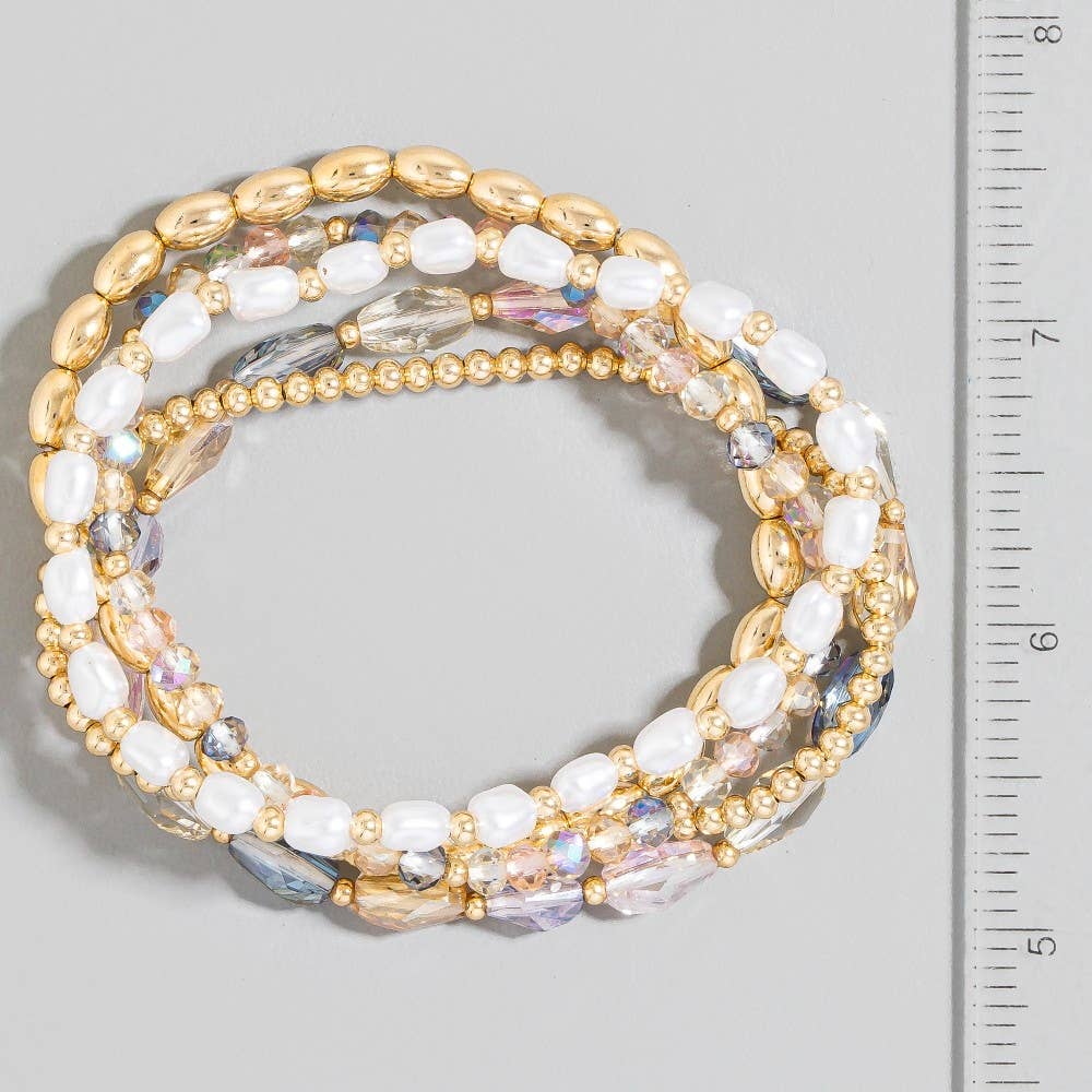 Metallic Pearl And Faceted Beaded Bracelet Set: LMUL