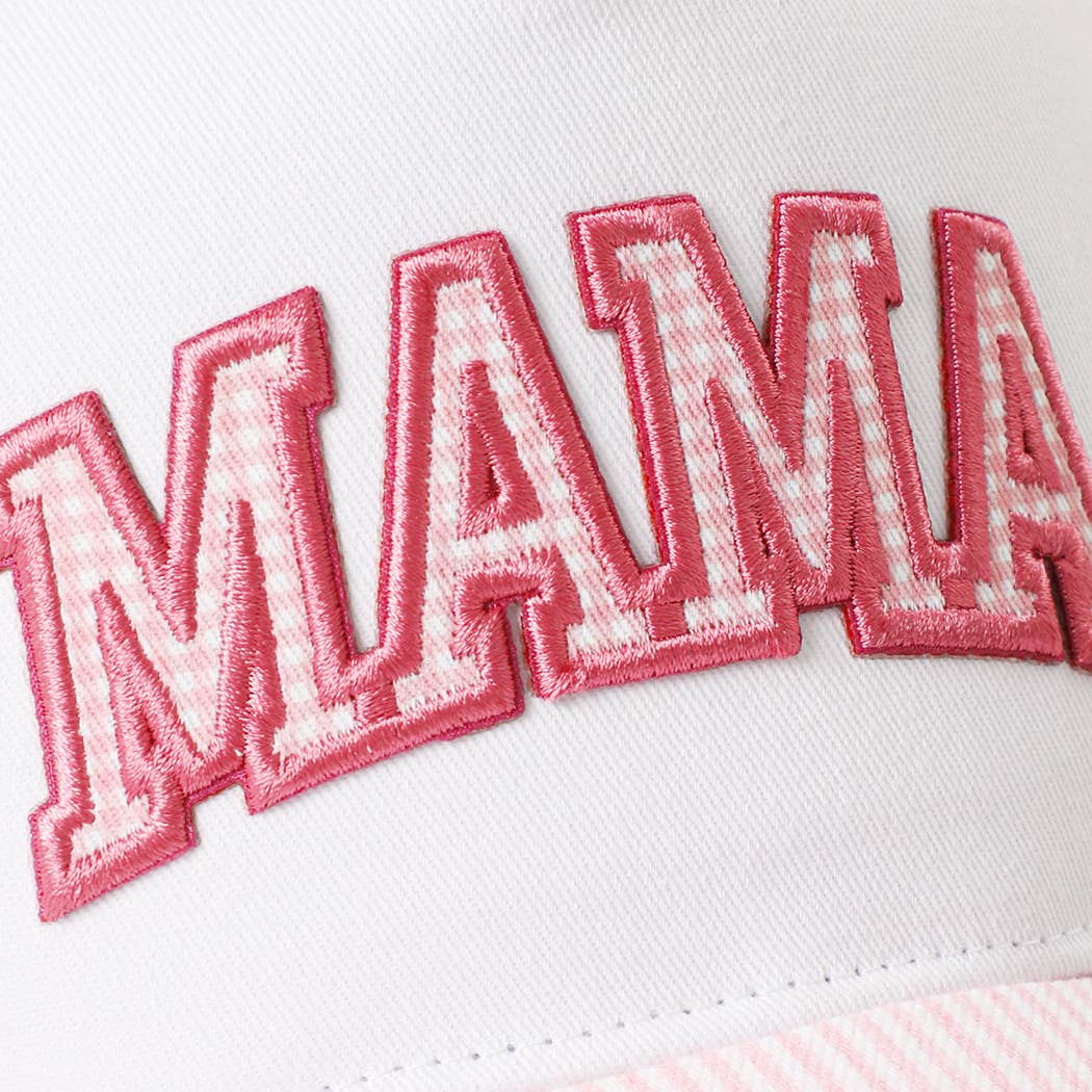 MAMA Gingham Embroidered Patch Stripe Brim Trucker Hat
: PINK, One Size