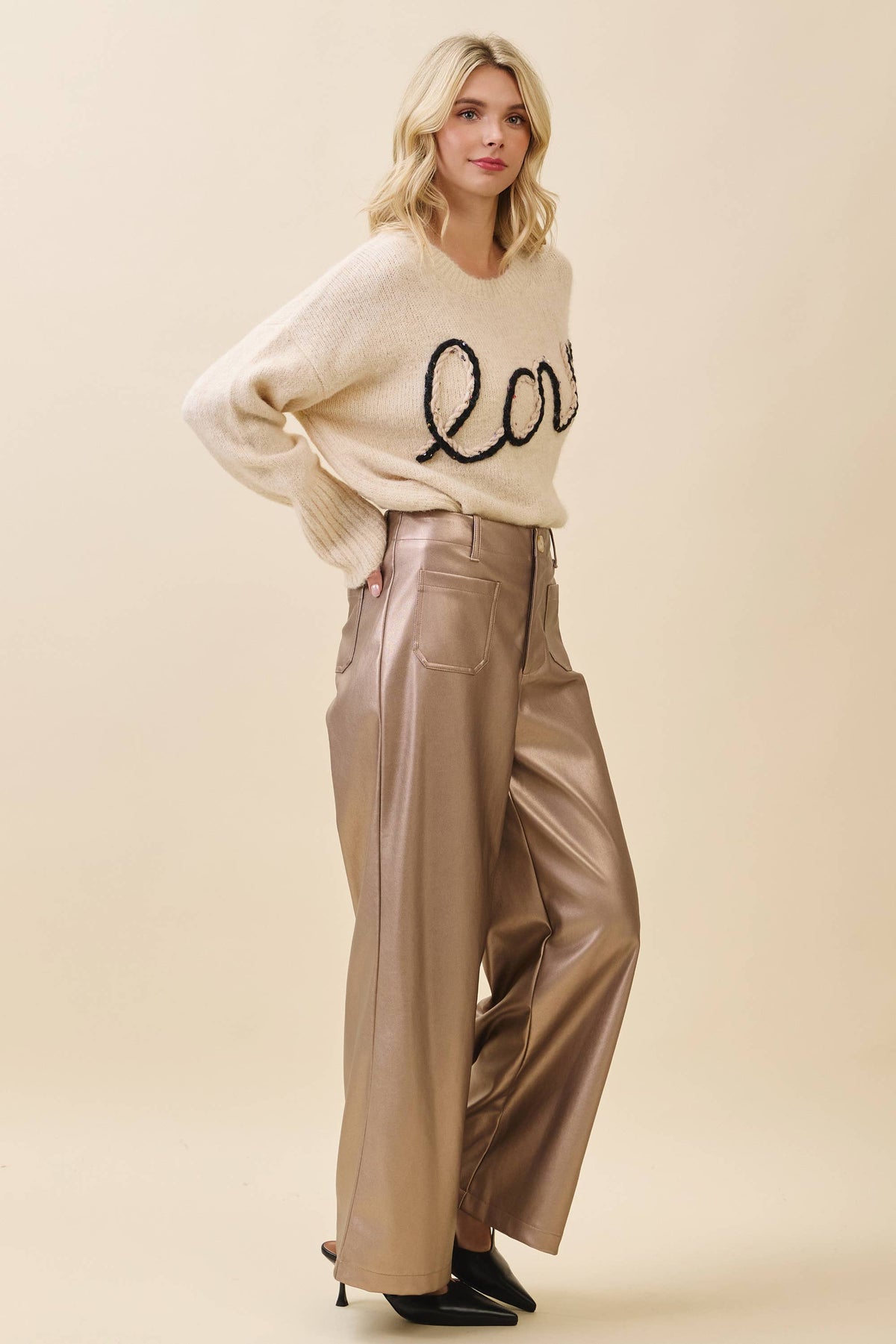 Metallic Wide-Leg Faux Leather Pants | Metallic Taupe
