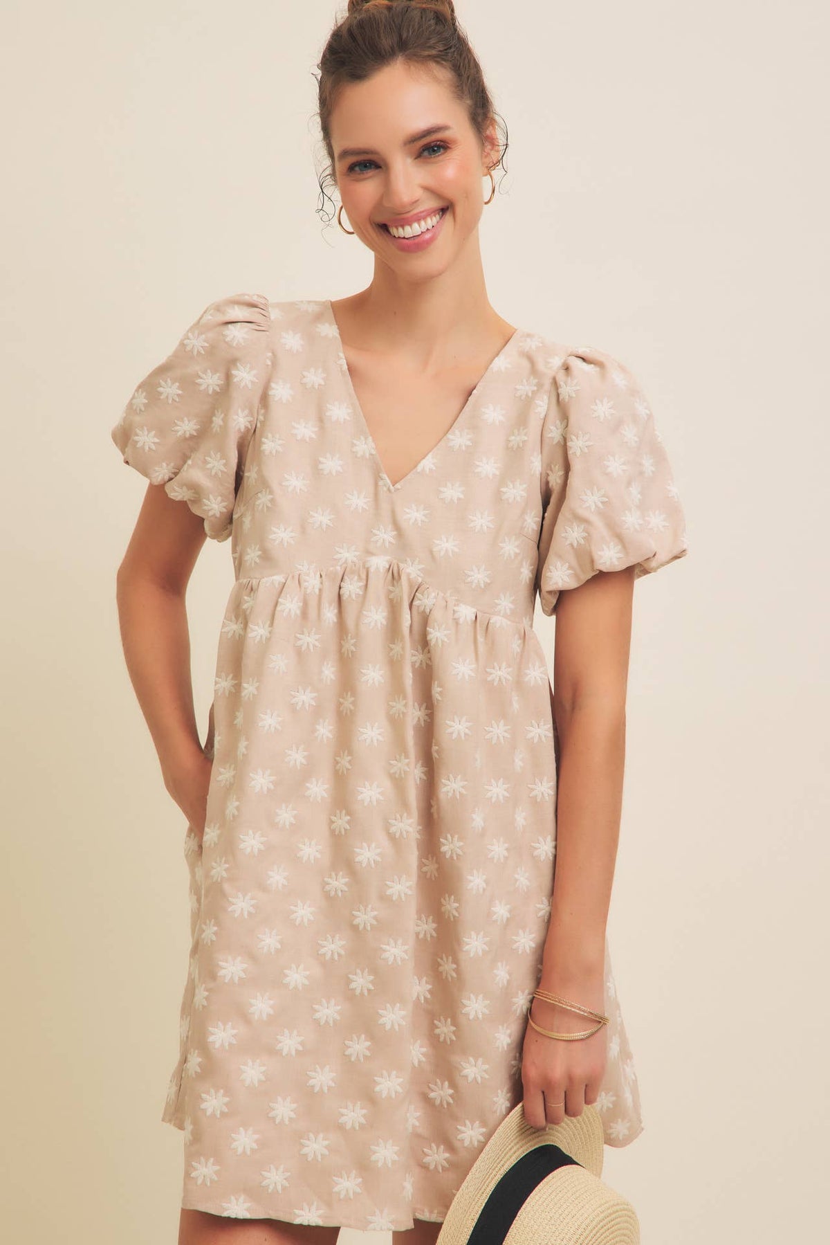 Embroidered Sand Dress with Puff Sleeves