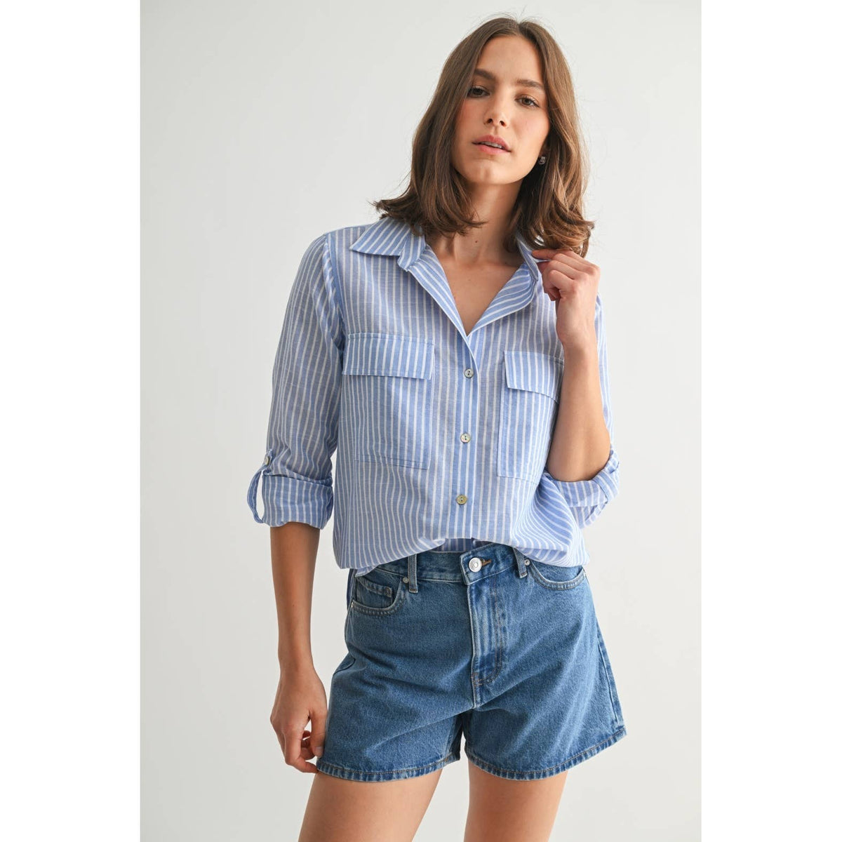STRIPE 2POCKET SHIRTS: Navy, S-M-L(2-2-2)