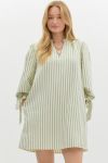 Sage/White Striped and textured Dress with Tie Sleeves
