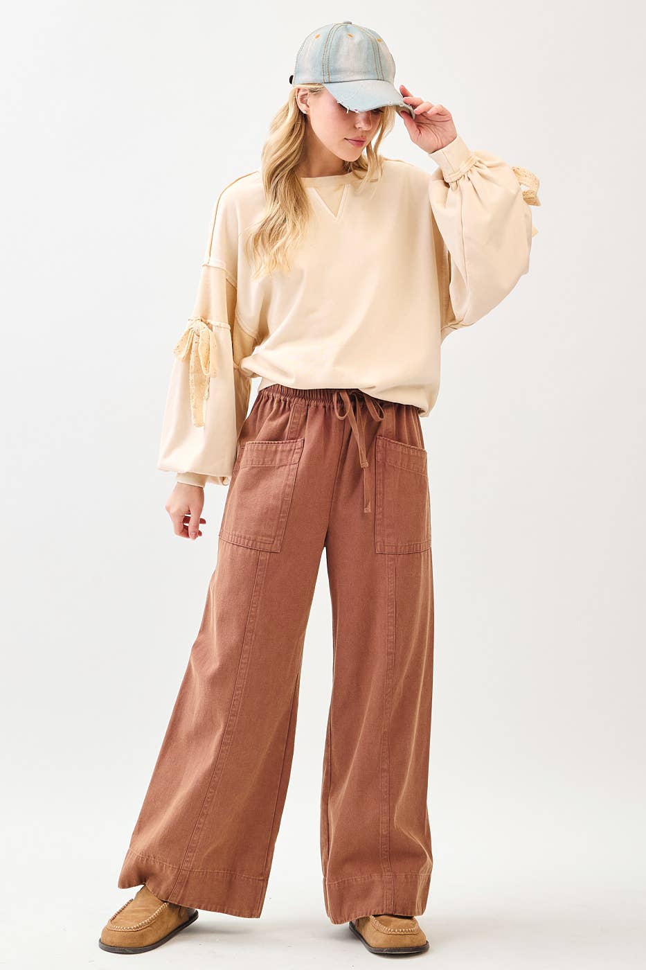 MINERAL WASH WIDE LEG ELASTIC WAIST TWILL PANTS: RED BEAN, S-M-L(2-2-2)