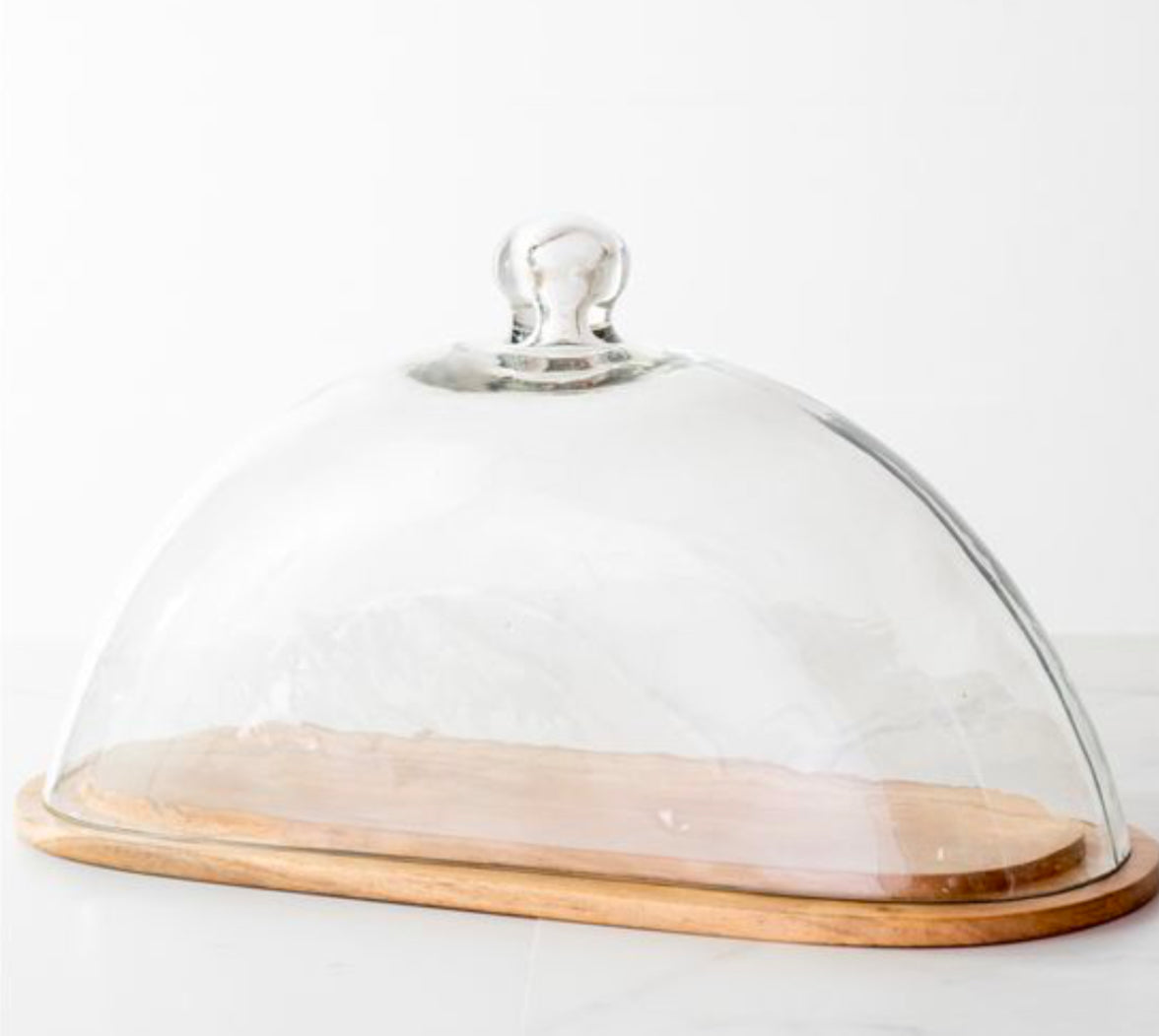 Wood Cake Stand w/Glass Lid