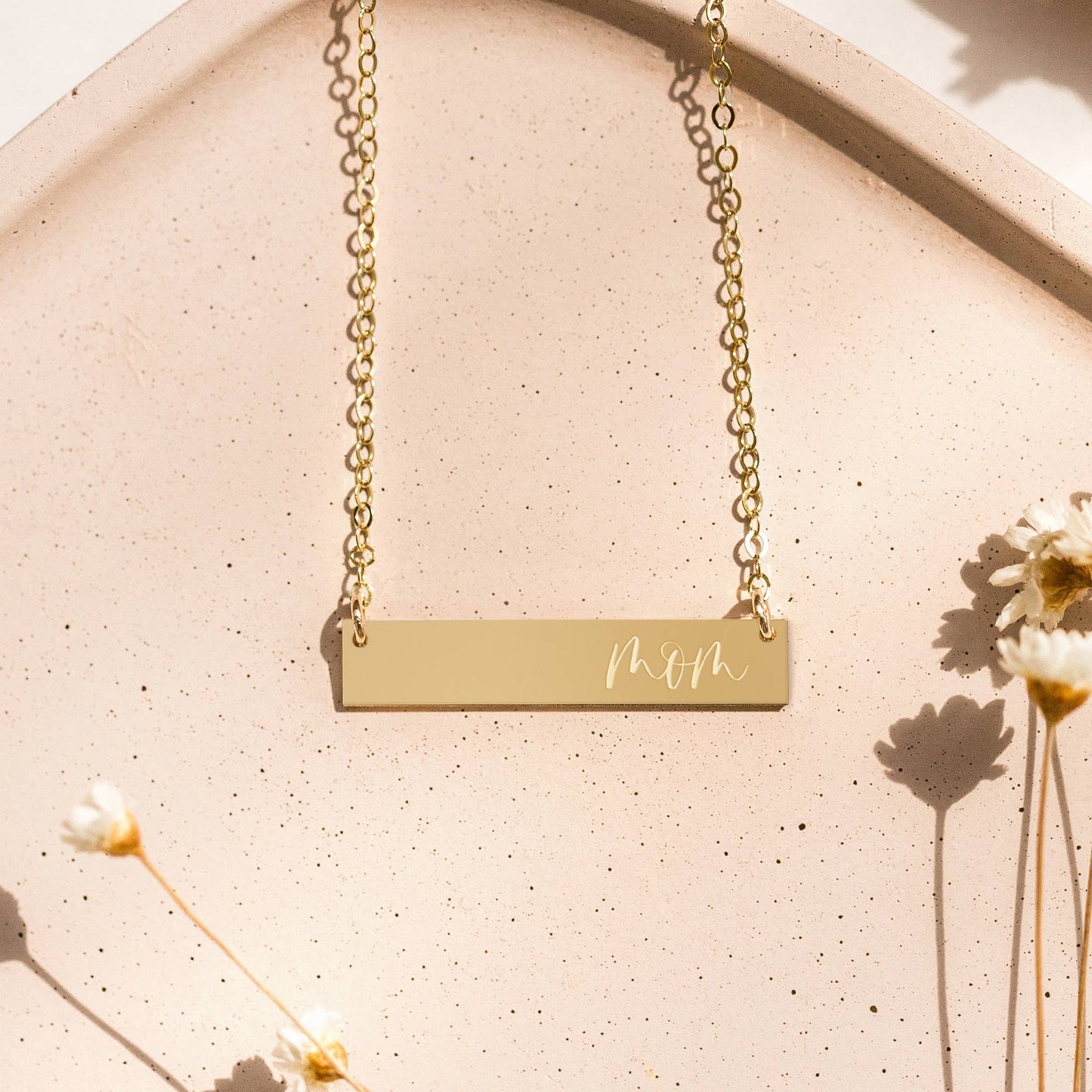 Mom Gold Filled Engraved Bar Necklace