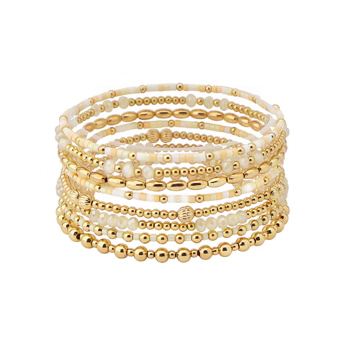 Set of 8 Natural Seed Bead & Crystal and Gold Stretch Bracelet