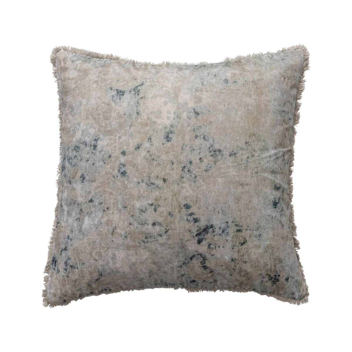 24" Square Cotton Velvet Printed Pillow with Design & Fringe
