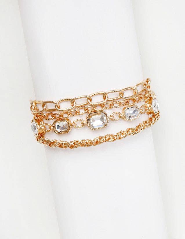 Gold Textured Layered Chain with Clear Crystal 7.5" Bracelet Set
