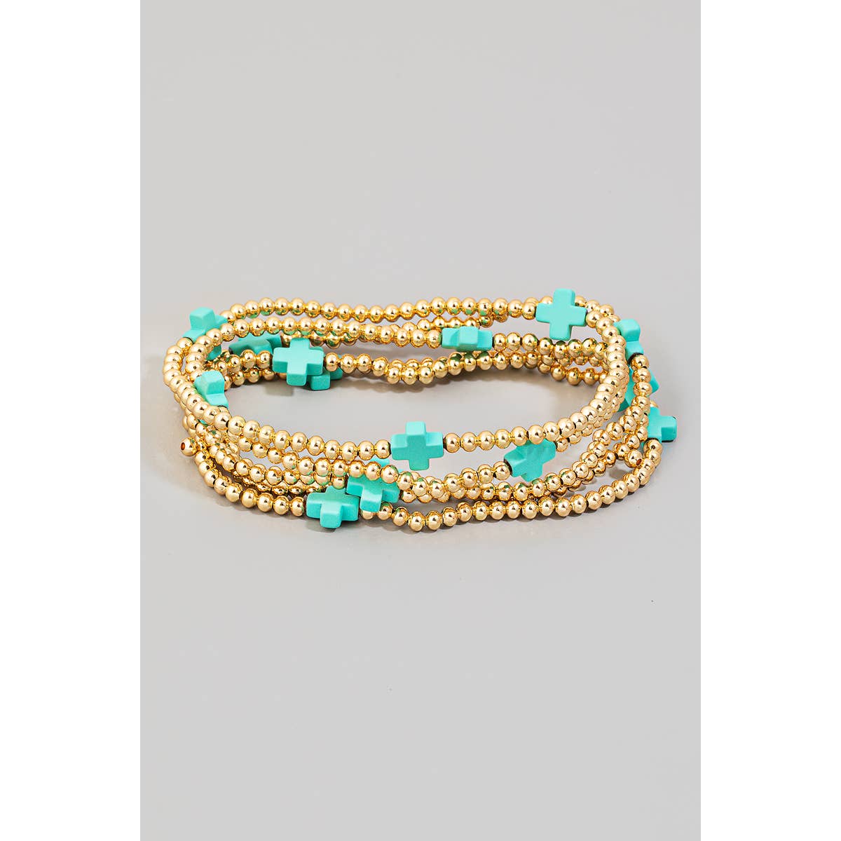 Cross And Metallic Beads Layered Bracelet: WHT