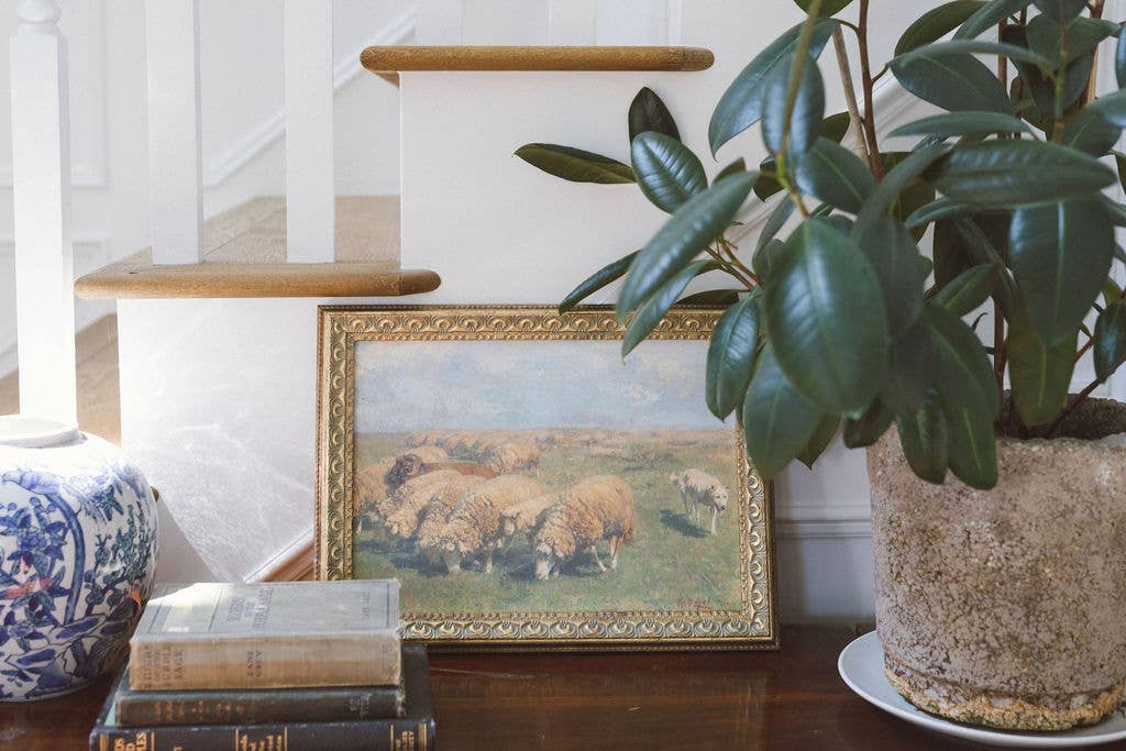 Sheep with Sheep Dog Framed Antique Art: 7x5