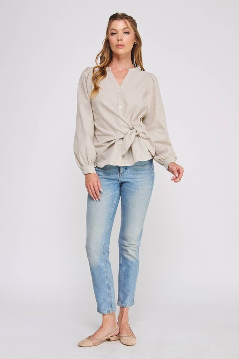 Striped cotton blend side wrap-tie button up blouse: NATURAL WHT, M