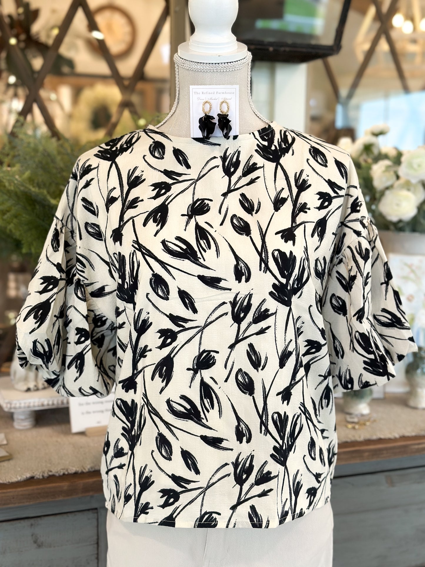 Cream/Black Flower Balloon Sleeve Top