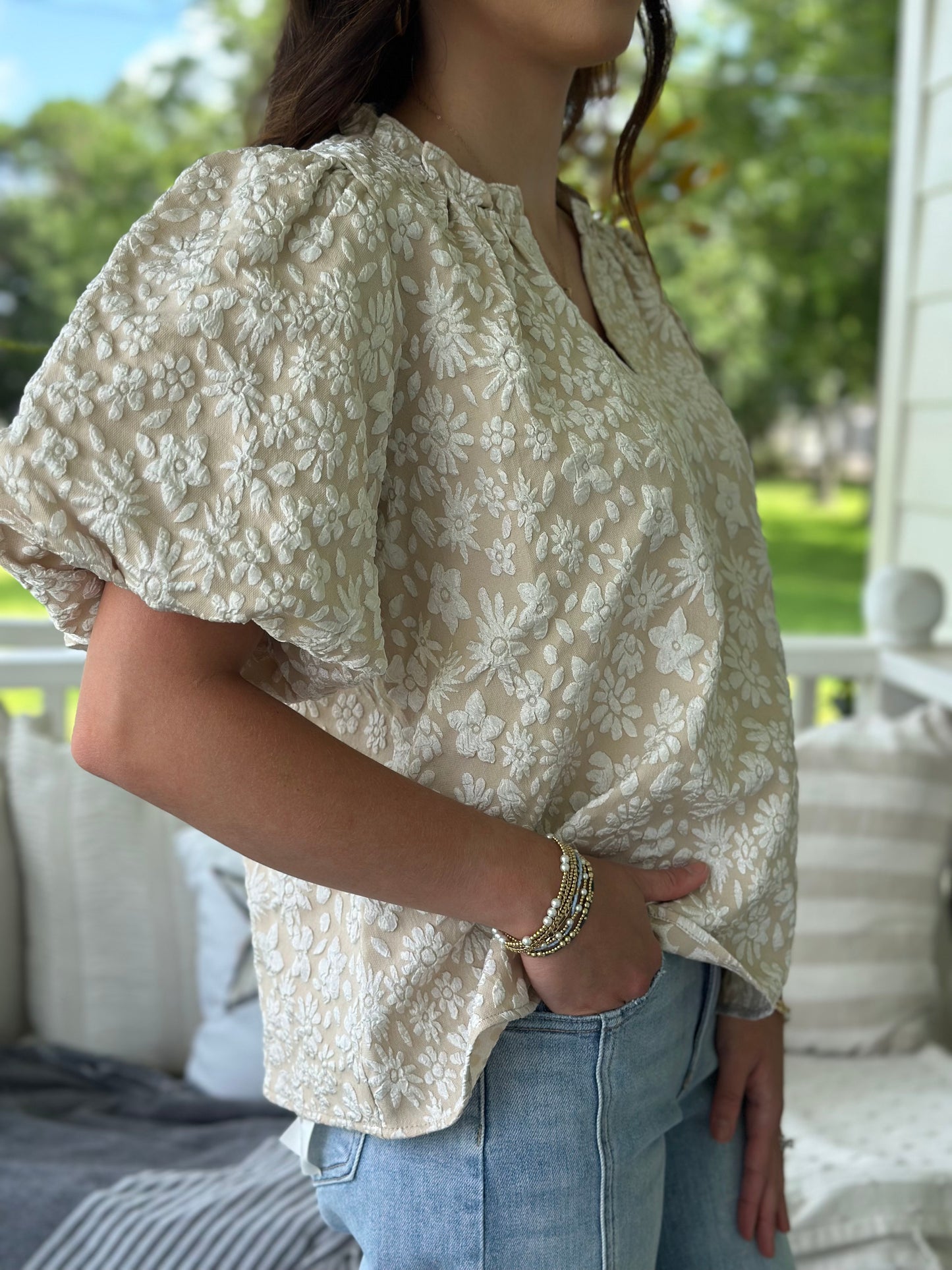 Oatmeal Floral Pattern Ruffled V-Neck Top
