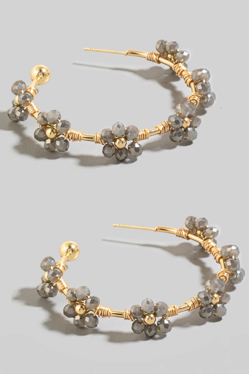Multi Beaded Flowers Hoop Earrings: Grey & Gold