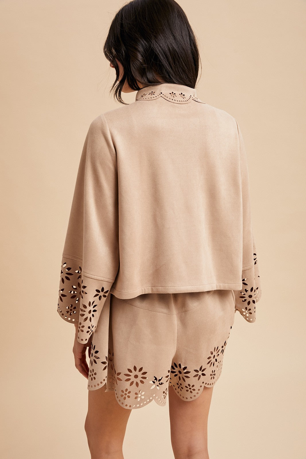 Flower Laser Cut Suede Jacket & Short Set