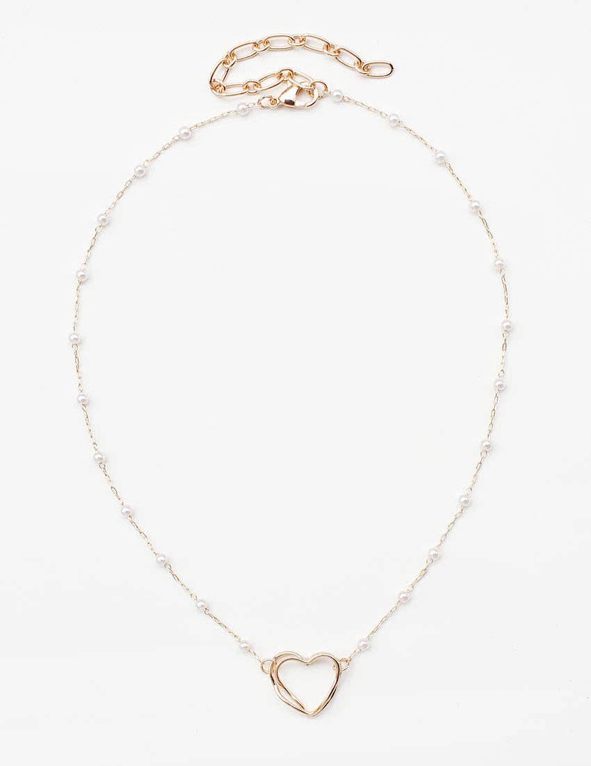 Pearl Beaded Chain with Open Textured Heart 16"-18" Necklace