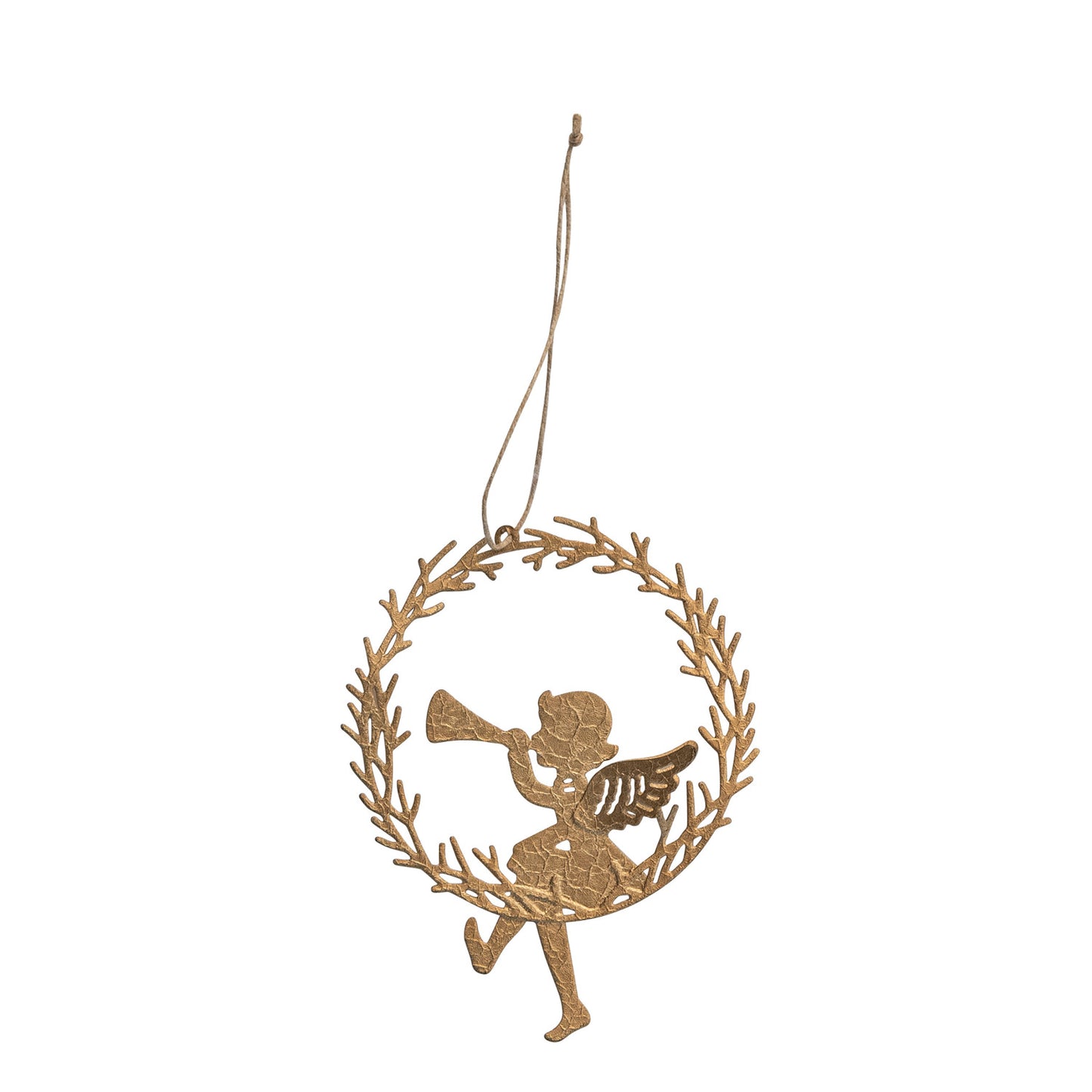 Metal Angel Sitting on Wreath with Trumpet Ornament | Gold Finish