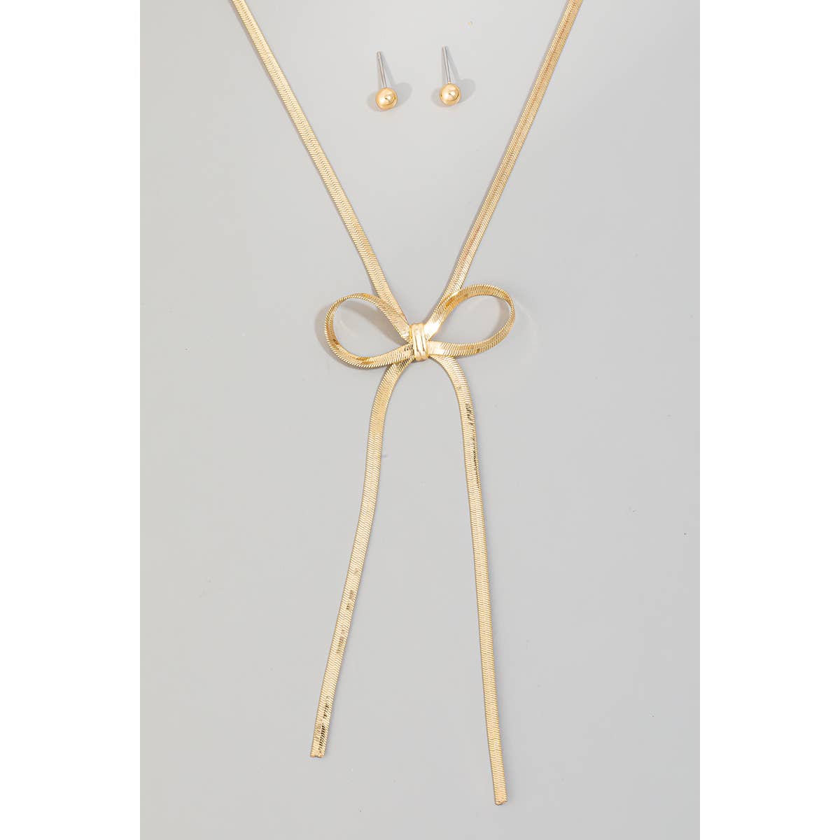 Metallic Flat Chain Ribbon Bow Pendant Necklace Set: GD