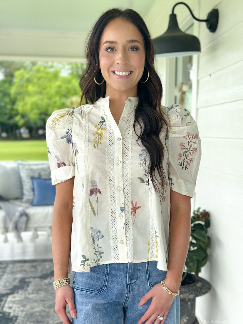 Cream Floral print with lace trim