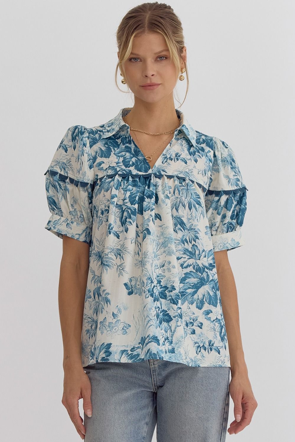 Teal Blue Floral Print V- Neck Puff Sleeve Blouse