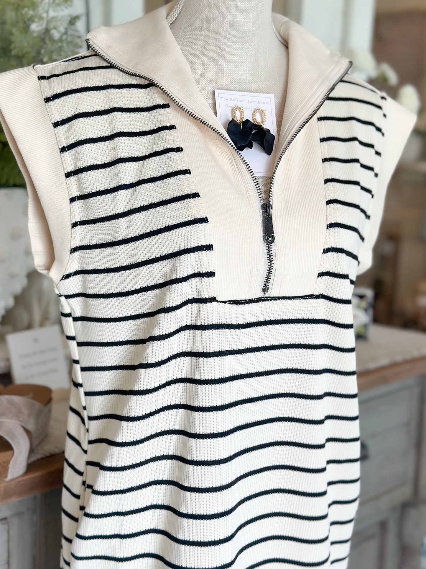 Cream-black striped ribbed dress