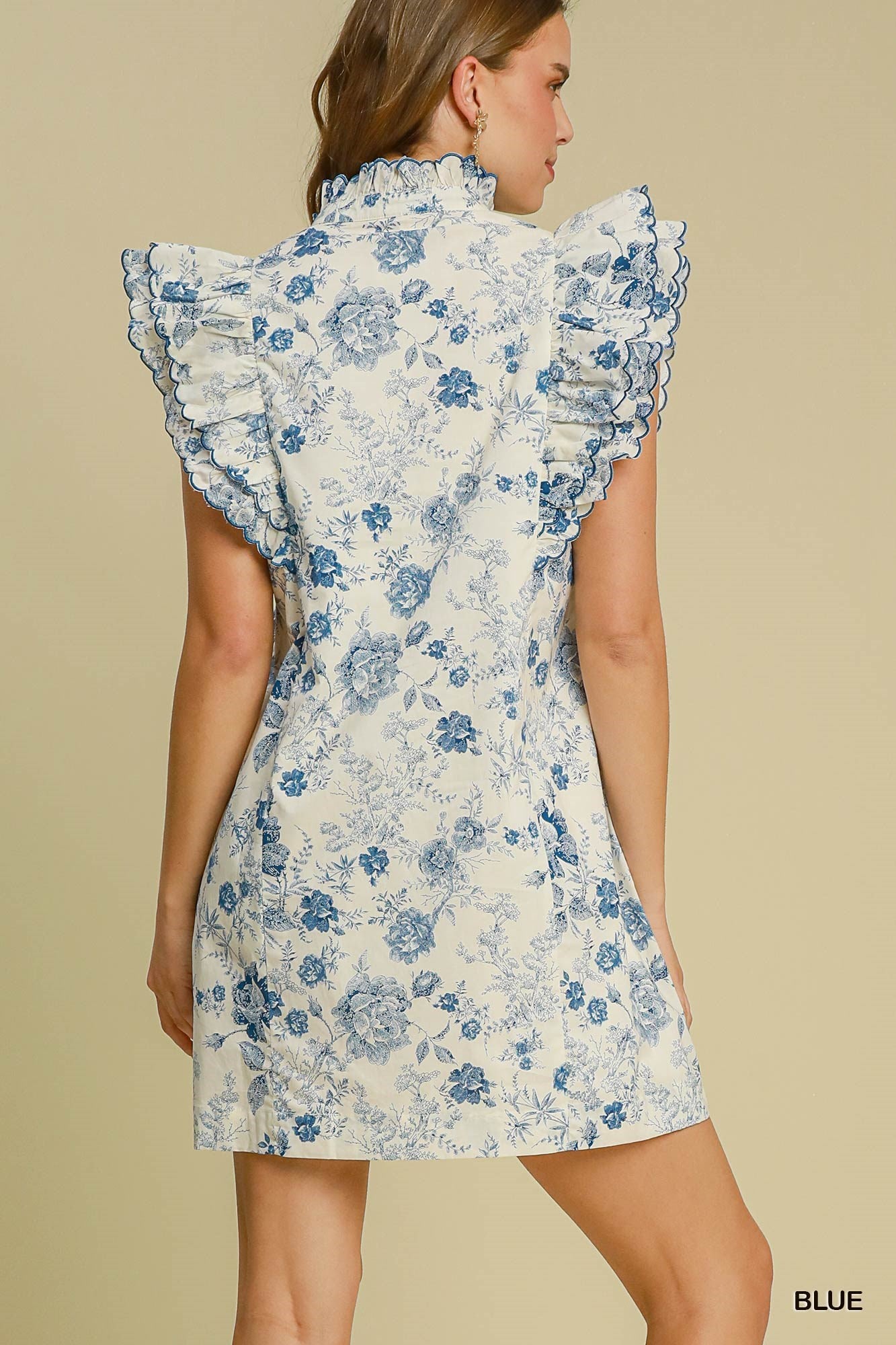Cream & Blue Floral Ruffle Mini Dress