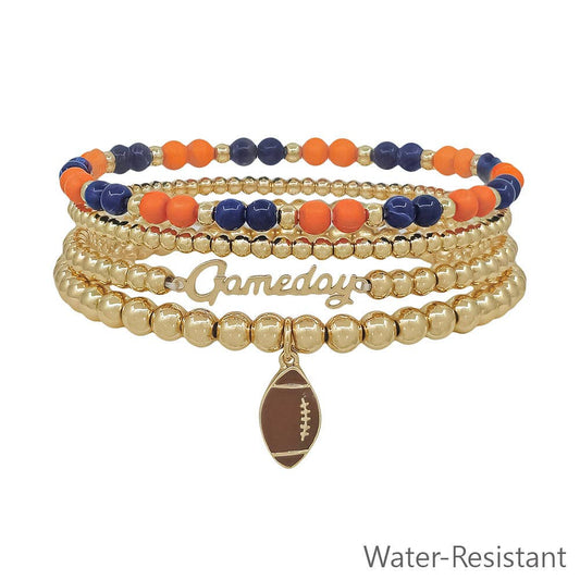 Water Resistant Navy and Orange with Gold Gameday and Football Charm Stretch Bracelet Set