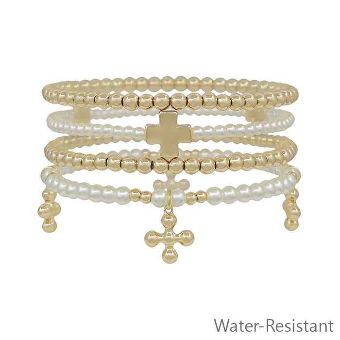 Set of 4 Pearl Beaded with Gold Beaded Cross Charm Stretch Bracelets