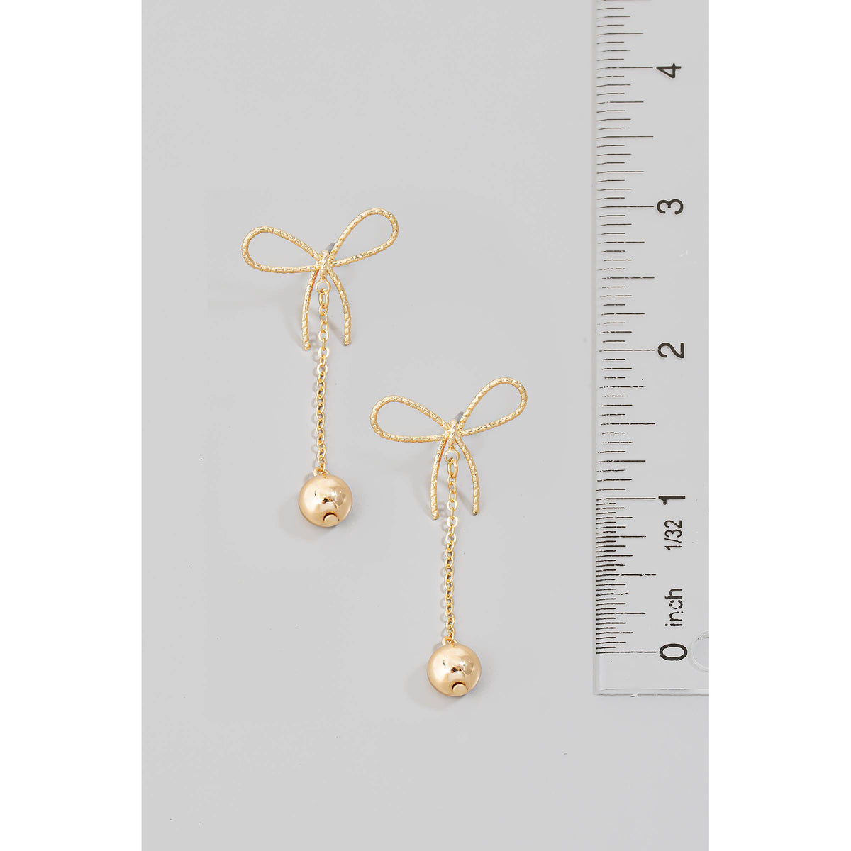 Metallic Ball Charm Chain Dangle Bow Stud Earrings: GD