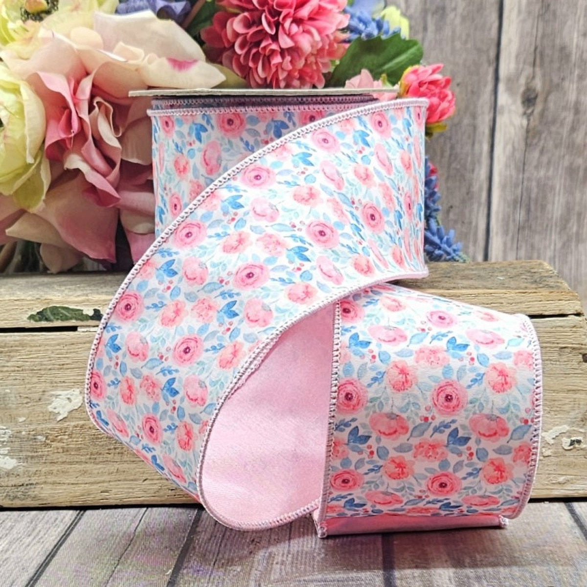 3" Poplin Ranunculus, pink white teal blue