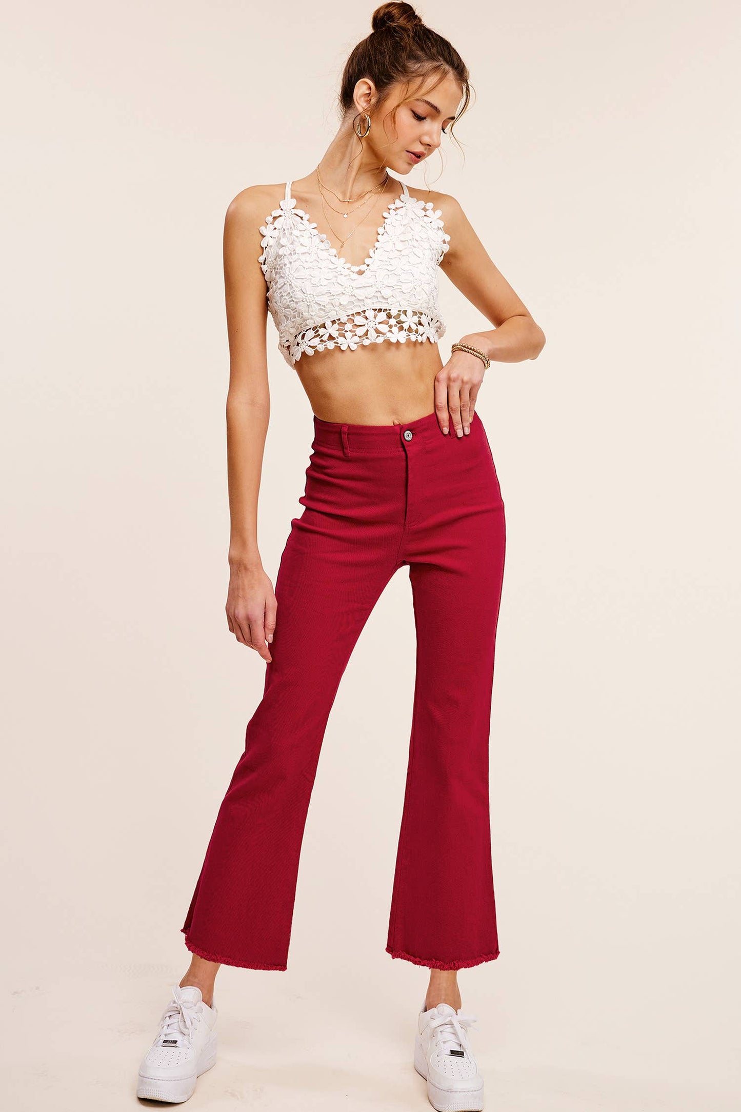 Red Soft Washed Stretchy High Waisted Flare Pants