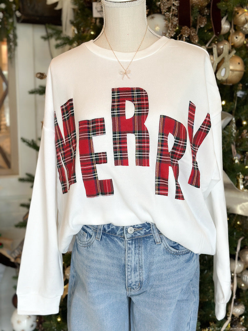 Plaid Merry Lettering Pullover