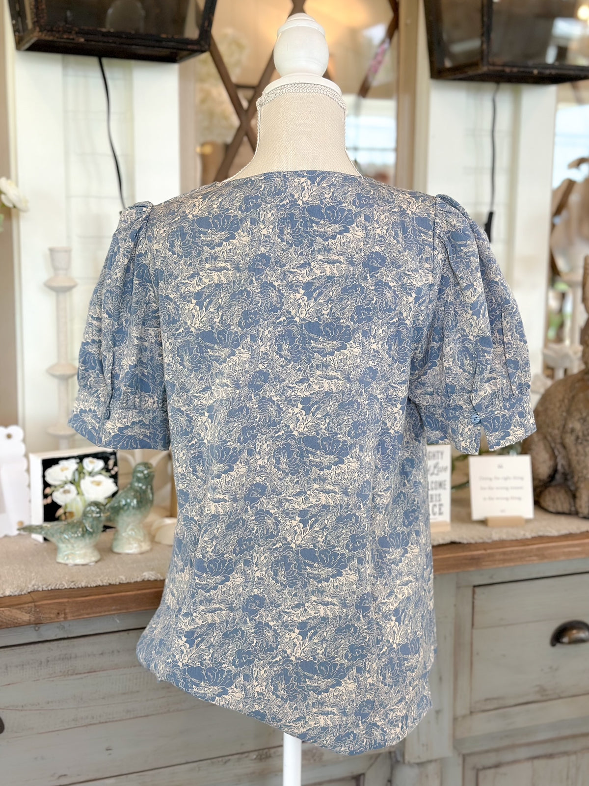 Jacquard Print V-neck Top-Dusty Blue