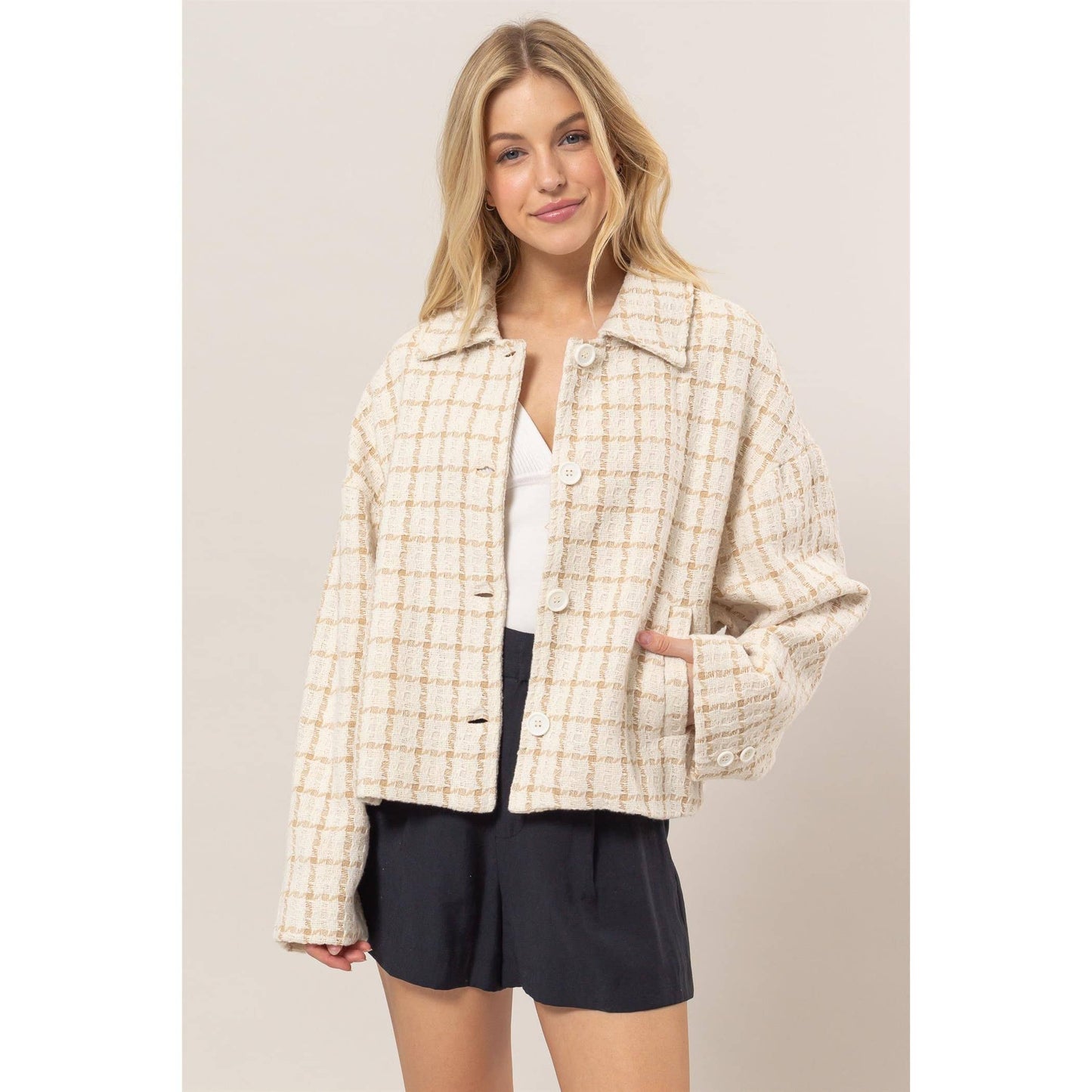 Tweed Plaid Oversized Jacket | Cream