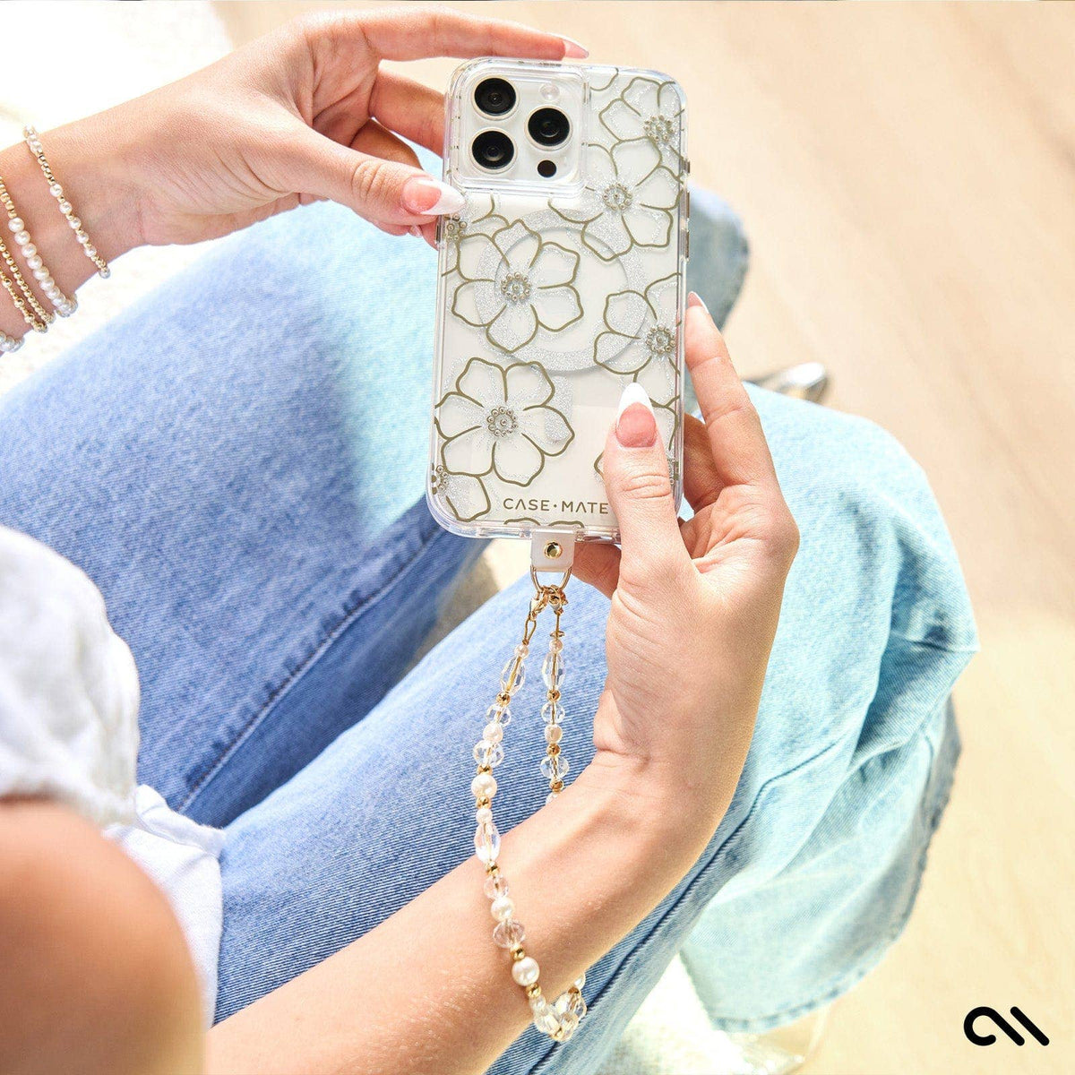 Crystal Pearl Gold Phone Charm: Crystal Pearl Gold
