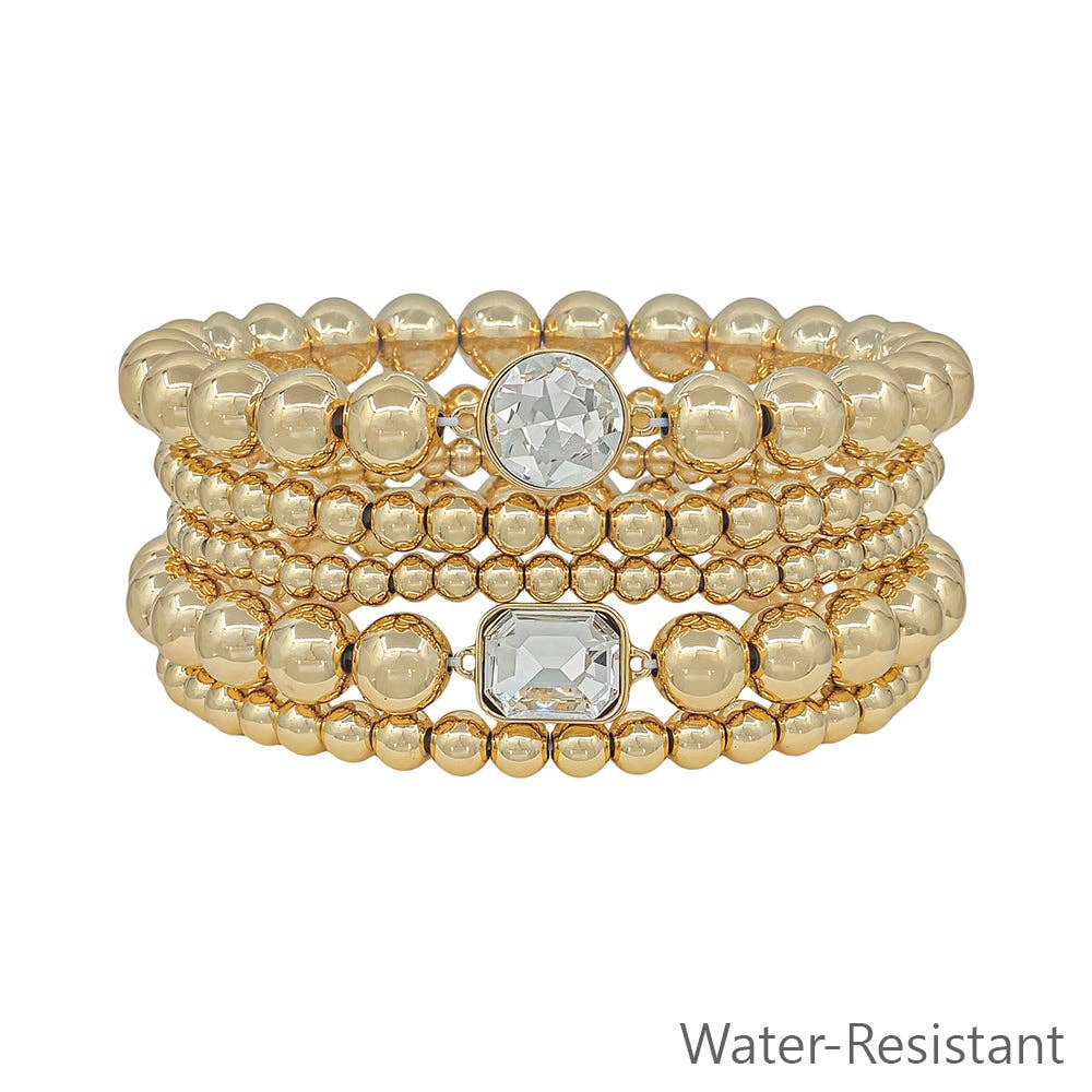 Water Resistant Gold Set of 6 Beaded Stretch Bracelets with Rhinestone Accents