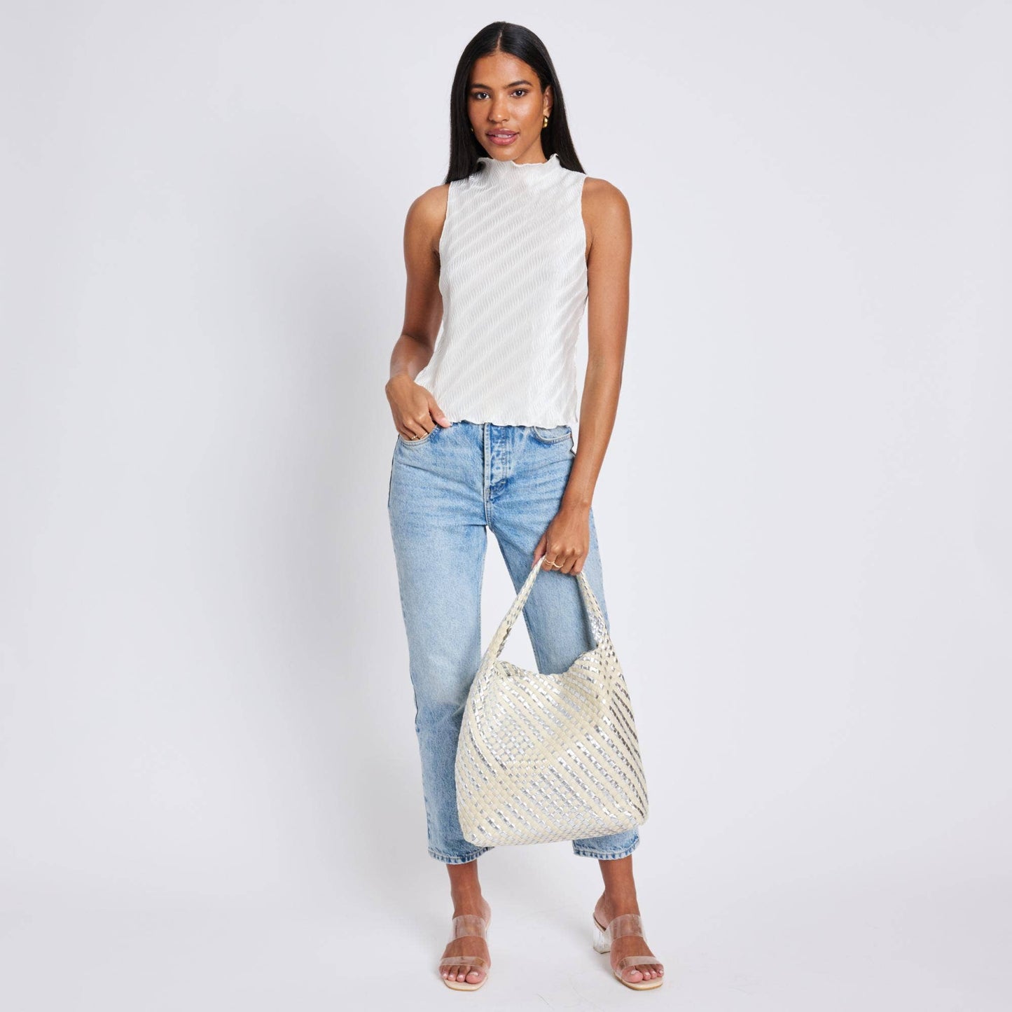 Ellery Mixed Material Woven Hobo: Silver Ivory