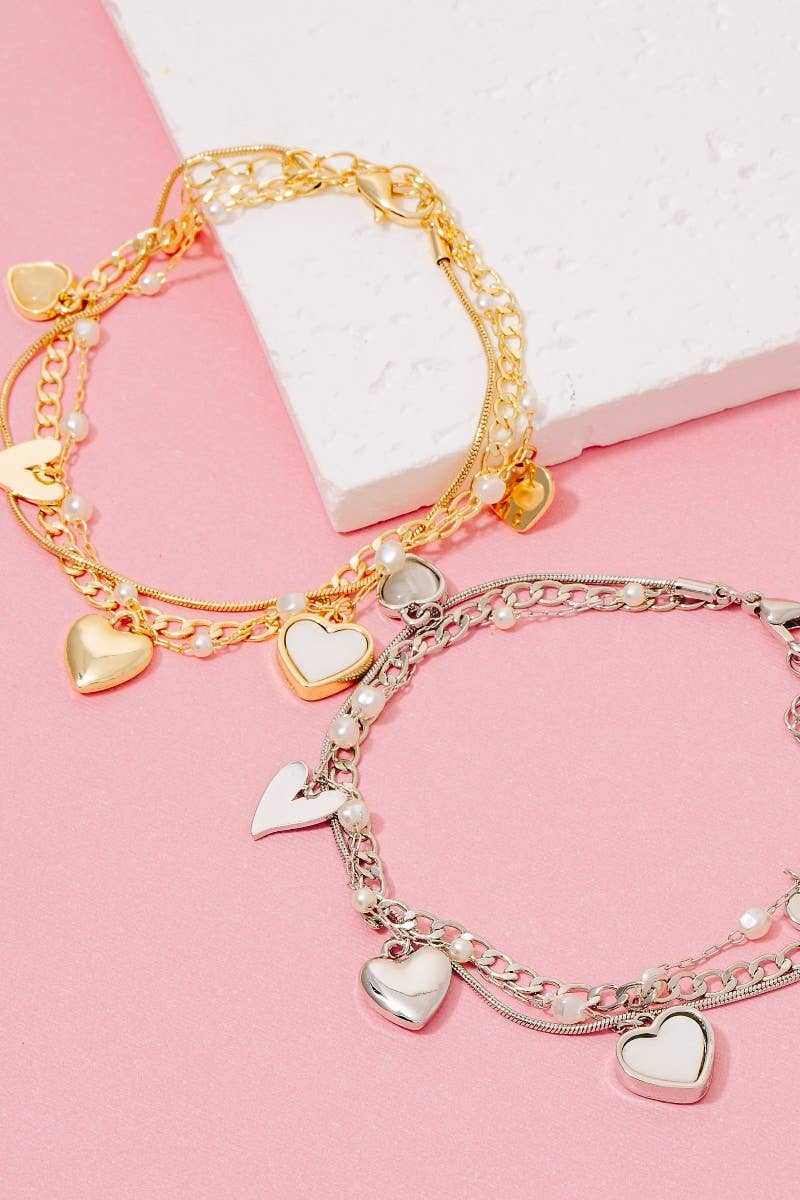 Mother Of Pearl Heart Charms Layered Chain Bracelet