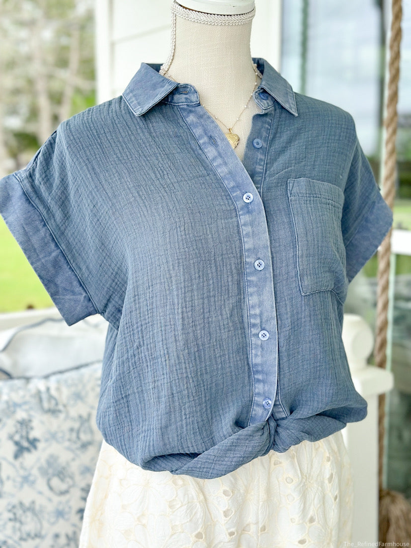Vintage Blue Soft Cotton Gauze Button down