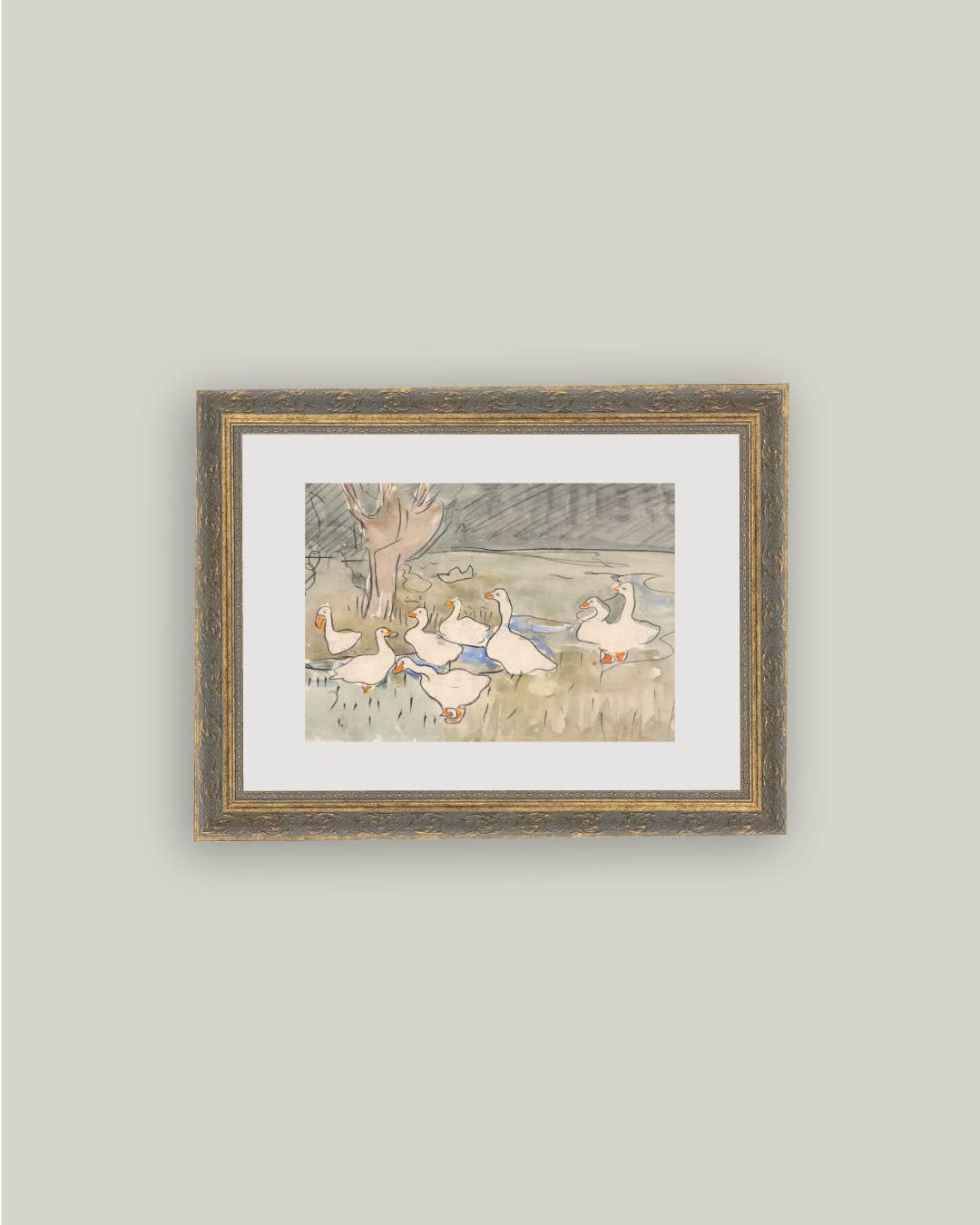 Geese Pond Framed Antique Art: 7x5