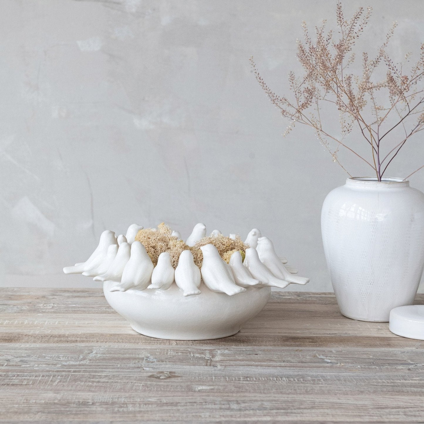 Decorative Stoneware Bowl/Planter with 3D Birds on Rim, White
