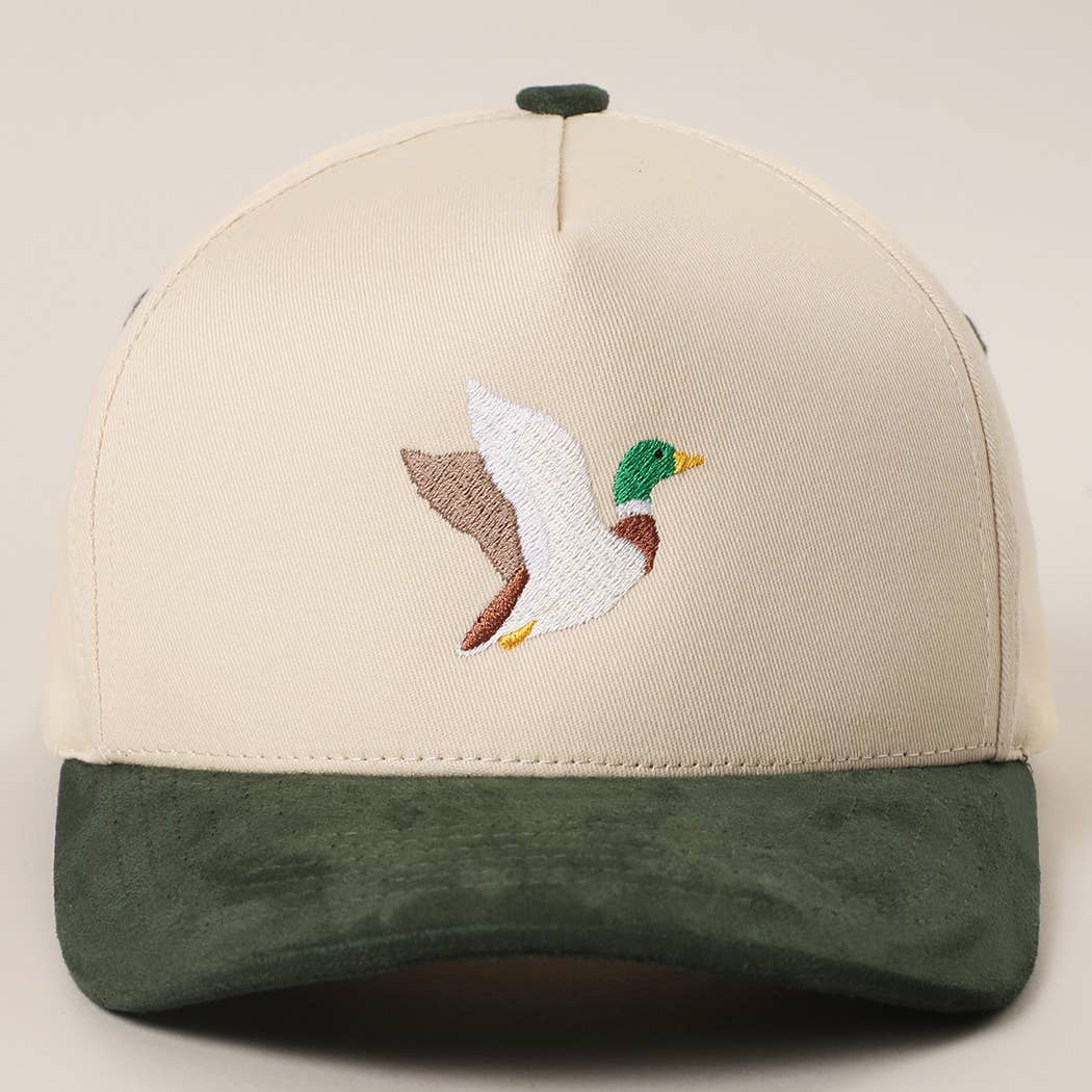FLYING MALLARD Embroidered Two-Toned Suede Trucker Hat: OGN, One Size