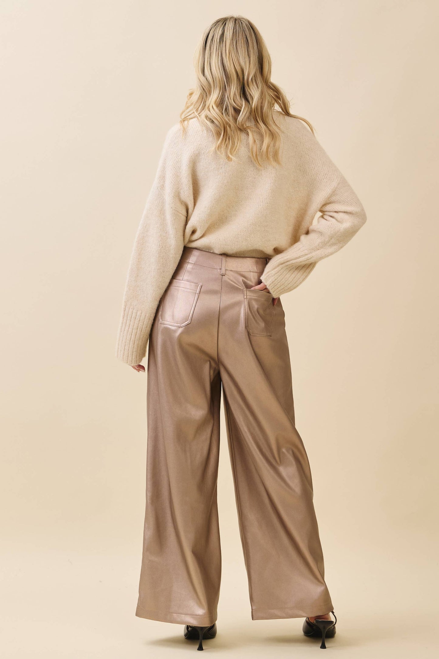 Metallic Wide-Leg Faux Leather Pants | Metallic Taupe