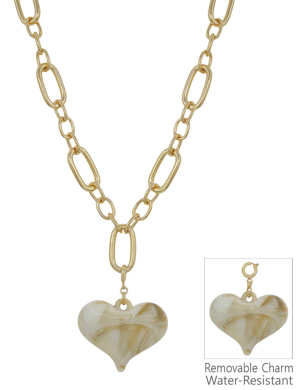 Water resistant Gold Chunky Chain with Natural Resin Heart 16"-18" Necklace