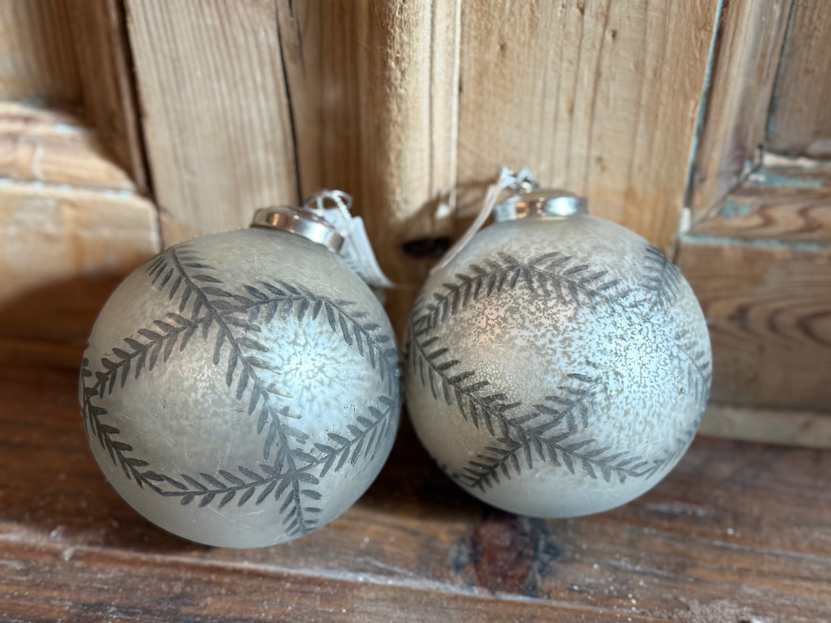 SET OF 2- 4" Round Mercury Glass Ornament w/ Etched Pattern, White & Antique Silver Finish